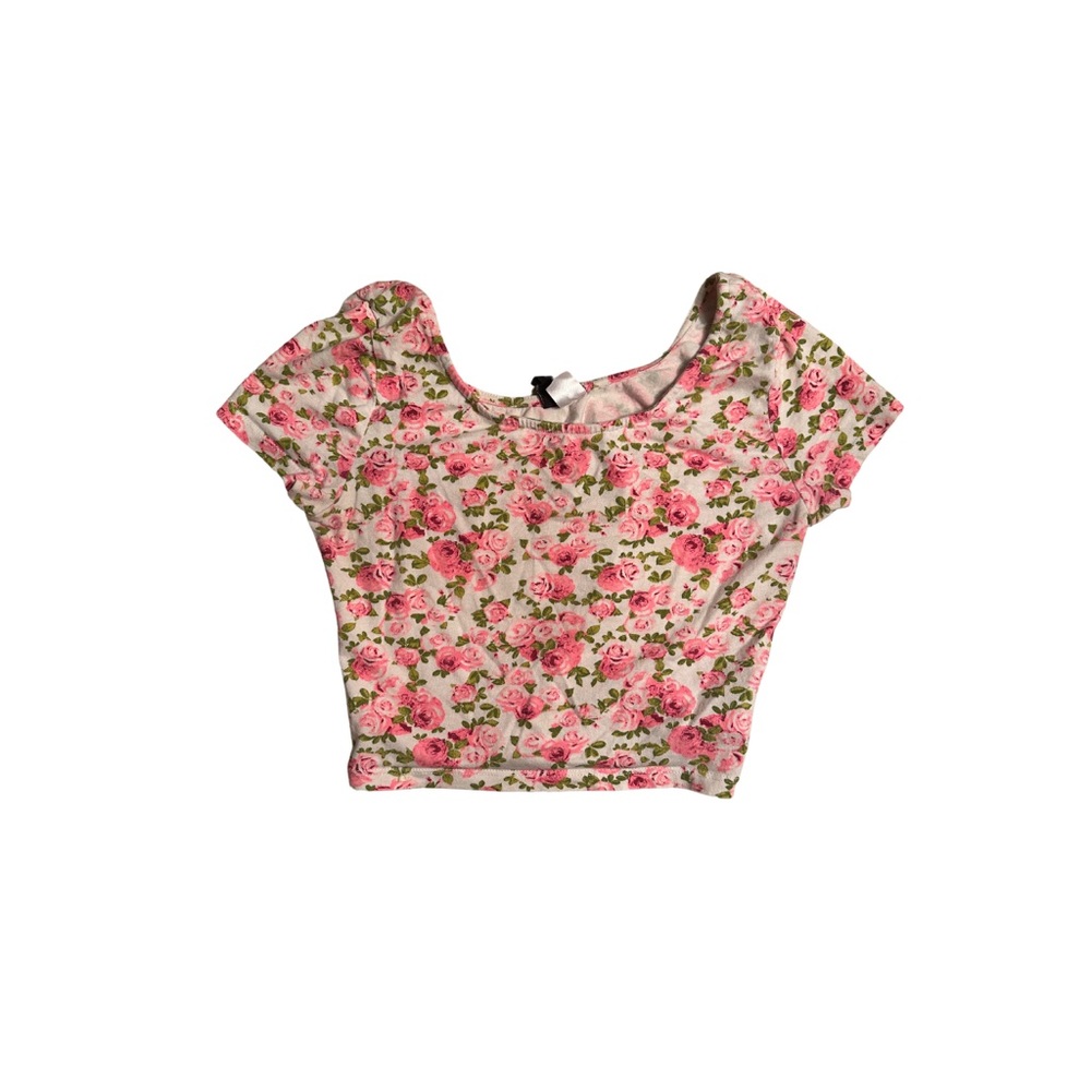 Pink & White Short Sleeve Crop Top with Floral Print